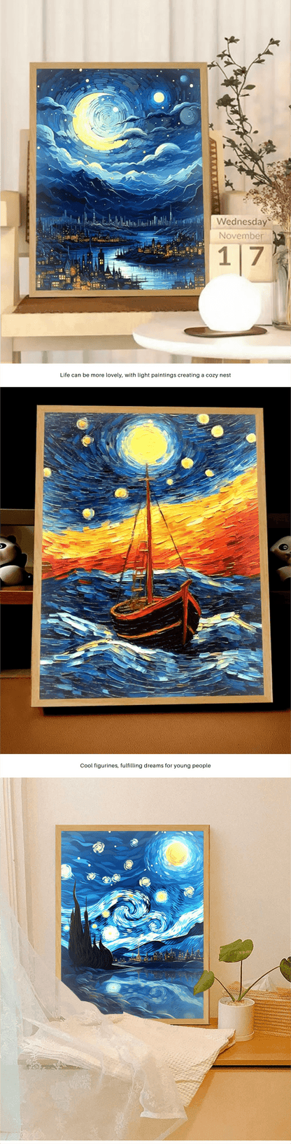 Van Gogh Led : Van Gogh Art Anime lumière LED peinture décor de salle, lumière d'ambiance de charge sans fil, décoration murale de lampe USB, veilleuse cadeau de maison - myledly