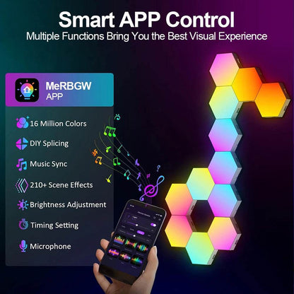 Hexagone LED : Lot de 20/12/8/3 lumières hexagonales murales, panneau RGB, application intelligente, lumières de jeu modulaires hexagonales, synchronisation de la musique nocturne, lumière en nid d'abeille pour chambre à coucher - myledly