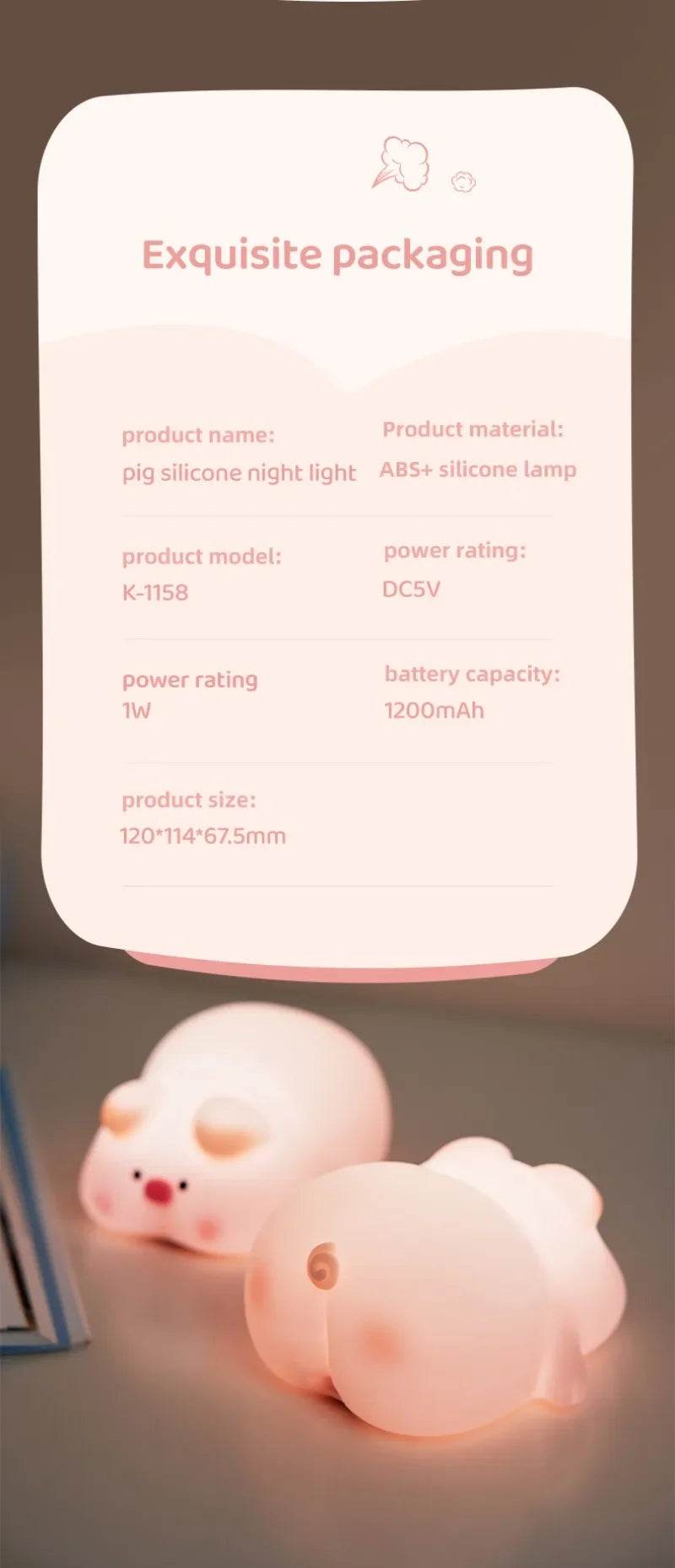 Piggy Led : Veilleuse cochon rose en Silicone, jolie lampe de nuit LED, atmosphère intérieure, décoration de chambre, USB, veilleuse pour enfants, cadeau - myledly