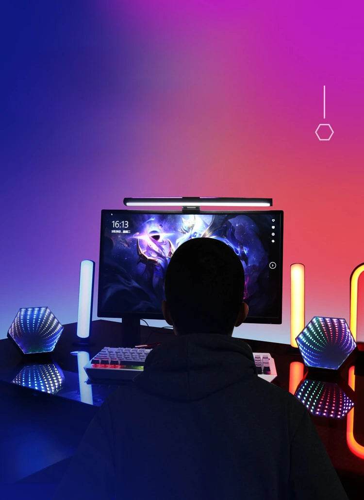 Hexagone RGB : RGB Lumière de tunnel à miroir hexagonal 3D RVB LED Lampe d'ambiance de bureau Calculer les lumières du capteur de synchronisation du rythme de la musique de jeu Décoration de la pièce - myledly
