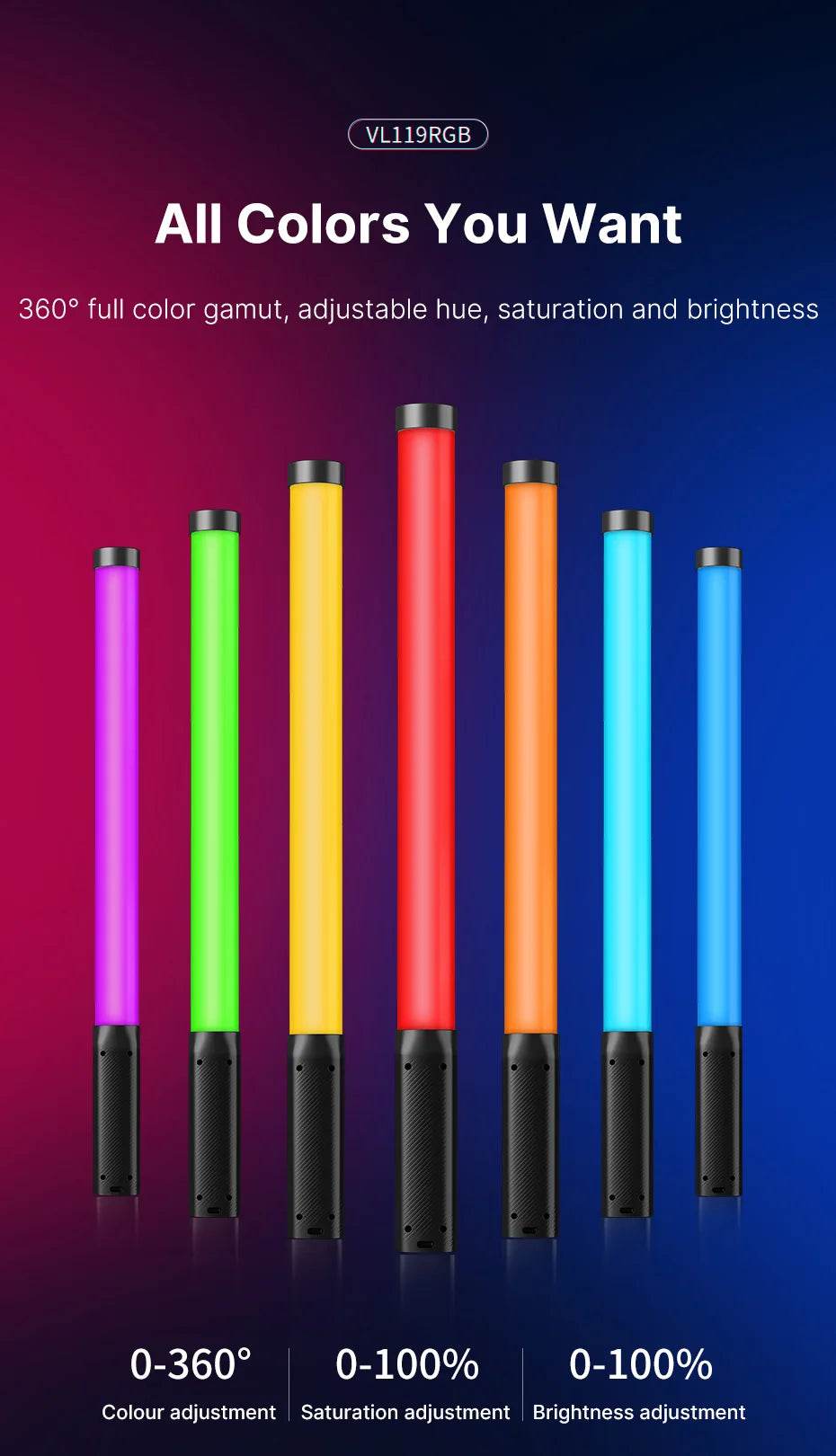 StickLamp : Ulanzi VL119 lampe de poche colorée RGB 19.68 pouces baguette de lumière LED portable CRI 95 + 2500 K-9000 K lampe de Studio de photographie - myledly