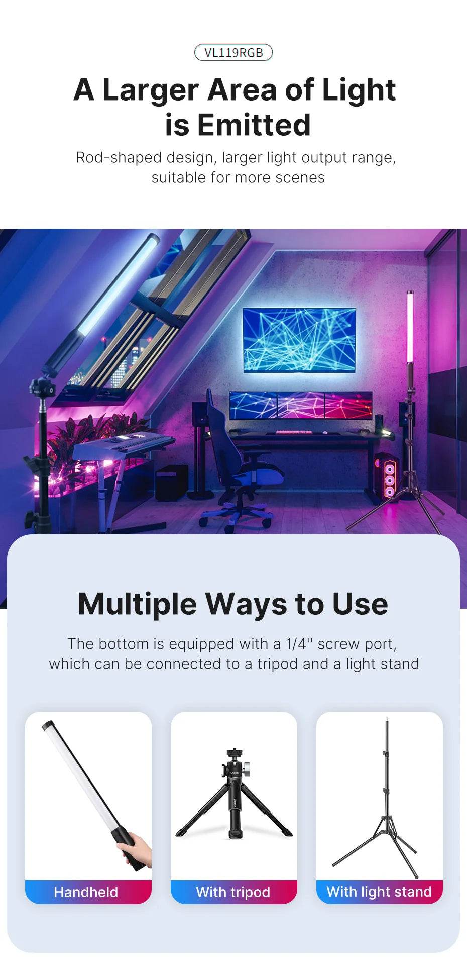 StickLamp : Ulanzi VL119 lampe de poche colorée RGB 19.68 pouces baguette de lumière LED portable CRI 95 + 2500 K-9000 K lampe de Studio de photographie - myledly