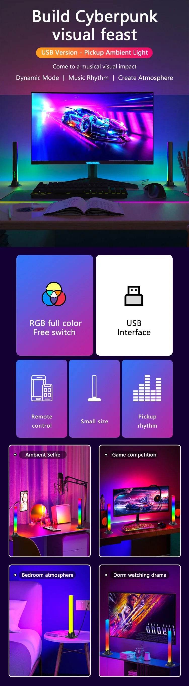 StickBar Led : RGB LED lampadaire de bureau barres lumineuses veilleuse musique rythme atmosphère lumières rétro-éclairage pour jeu TV salle décoration lampe - myledly