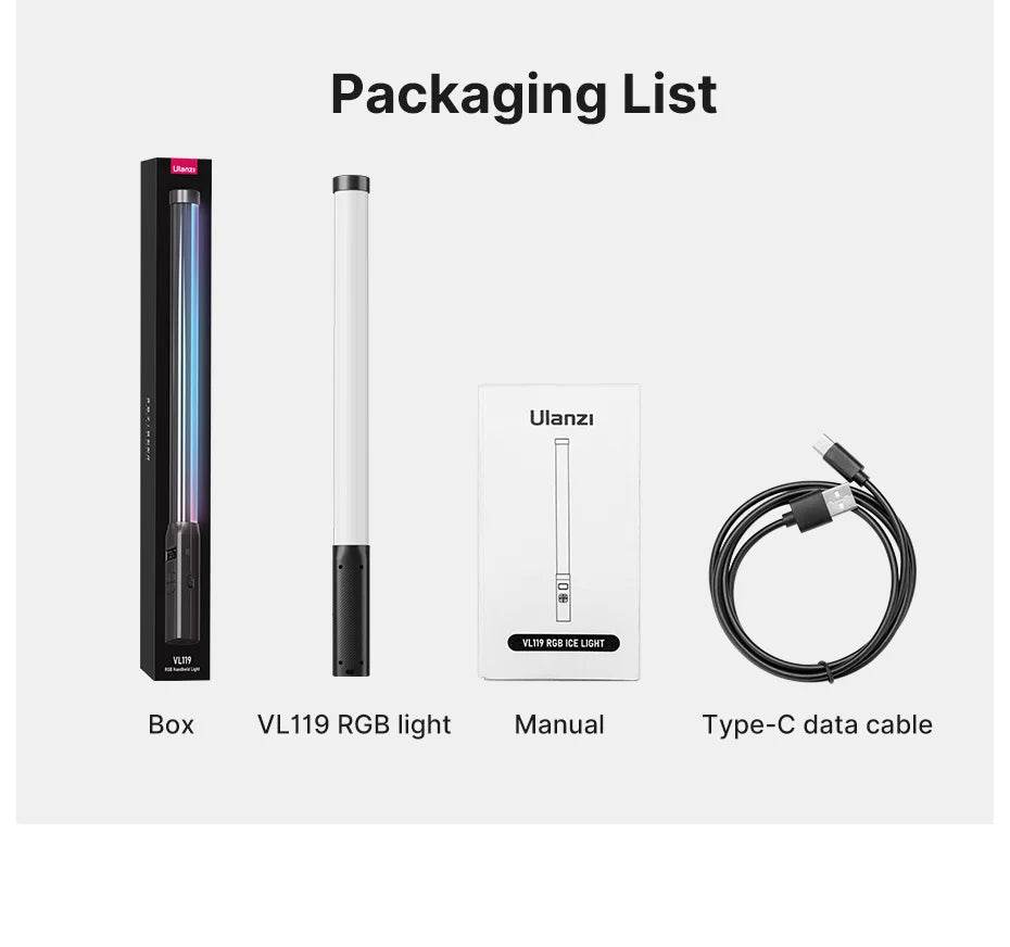 StickLamp : Ulanzi VL119 lampe de poche colorée RGB 19.68 pouces baguette de lumière LED portable CRI 95 + 2500 K-9000 K lampe de Studio de photographie - myledly