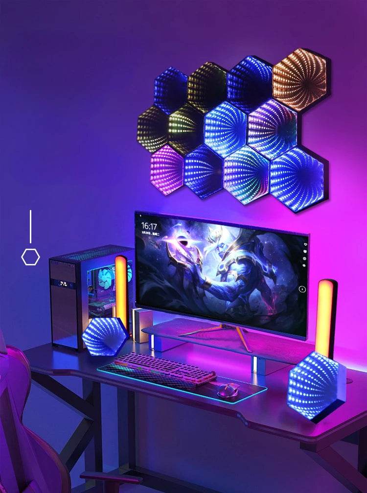 Hexagone RGB : RGB Lumière de tunnel à miroir hexagonal 3D RVB LED Lampe d'ambiance de bureau Calculer les lumières du capteur de synchronisation du rythme de la musique de jeu Décoration de la pièce - myledly