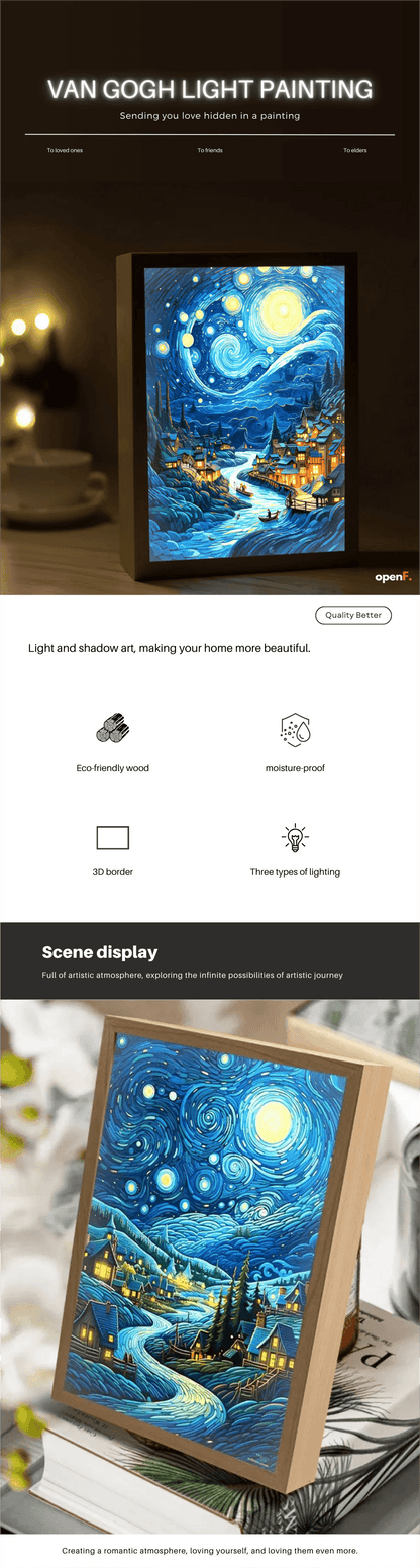 Van Gogh Led : Van Gogh Art Anime lumière LED peinture décor de salle, lumière d'ambiance de charge sans fil, décoration murale de lampe USB, veilleuse cadeau de maison - myledly