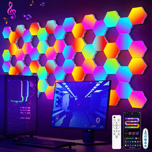 Hexagone LED : Lot de 20/12/8/3 lumières hexagonales murales, panneau RGB, application intelligente, lumières de jeu modulaires hexagonales, synchronisation de la musique nocturne, lumière en nid d'abeille pour chambre à coucher - myledly