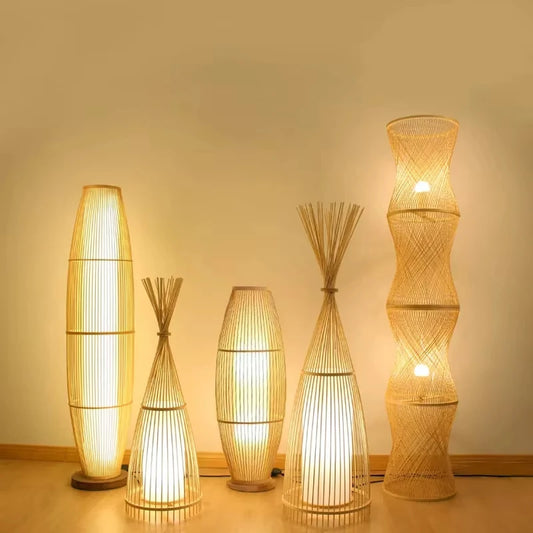 Lampadaire bambou tressé main japonais - vue principale design zen artisanal