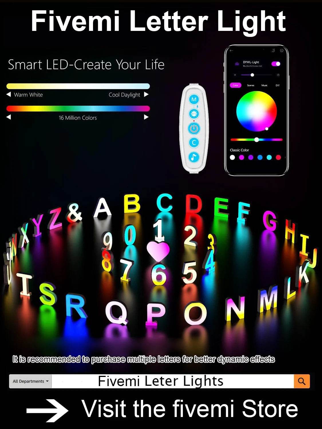 Fivemi Led : Veilleuses Led colorées avec 26 lettres de l'alphabet, application intelligente, bricolage, synchronisation de la musique, signe lumineux, salle de jeu, chambre à coucher, décor de Bar, cadeau - myledly