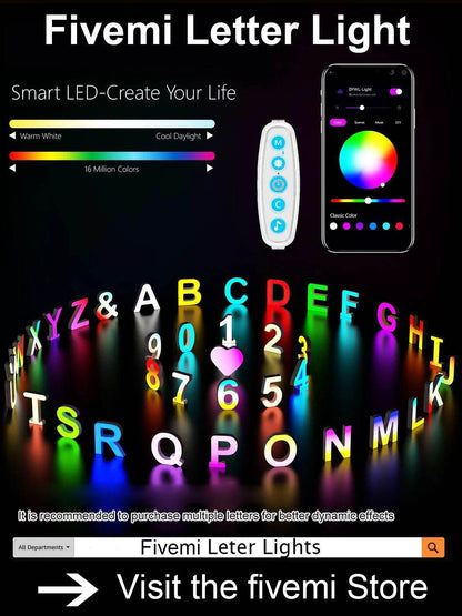 Fivemi Led : Veilleuses Led colorées avec 26 lettres de l'alphabet, application intelligente, bricolage, synchronisation de la musique, signe lumineux, salle de jeu, chambre à coucher, décor de Bar, cadeau - myledly