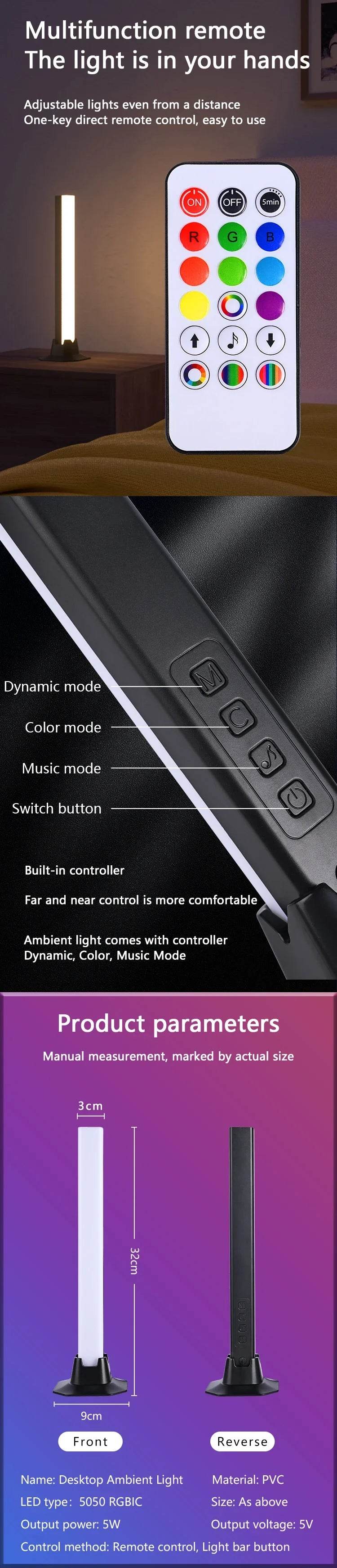 StickBar Led : RGB LED lampadaire de bureau barres lumineuses veilleuse musique rythme atmosphère lumières rétro-éclairage pour jeu TV salle décoration lampe - myledly