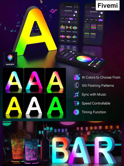 Fivemi Led : Veilleuses Led colorées avec 26 lettres de l'alphabet, application intelligente, bricolage, synchronisation de la musique, signe lumineux, salle de jeu, chambre à coucher, décor de Bar, cadeau - myledly